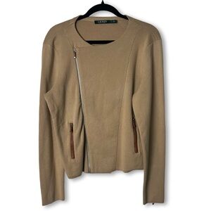 Lauren Ralph Lauren Womens Knit Moto Jacket Tan Faux Leather Sz XL